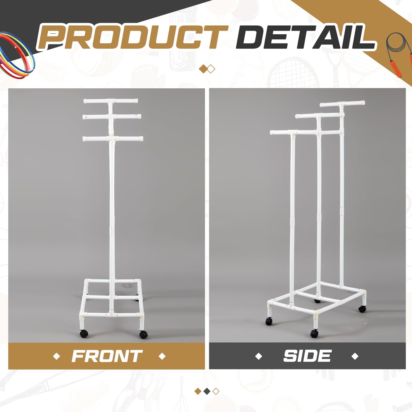 Duraaamo PVC Hoop Cart Plastic Jump Rope Rack with Wheels Movable Hoop and Rope Holder PE Equipment Stand for Storage Indoor Outdoor Sports Elementary School Gear, 28 x 18 x 69 Inch