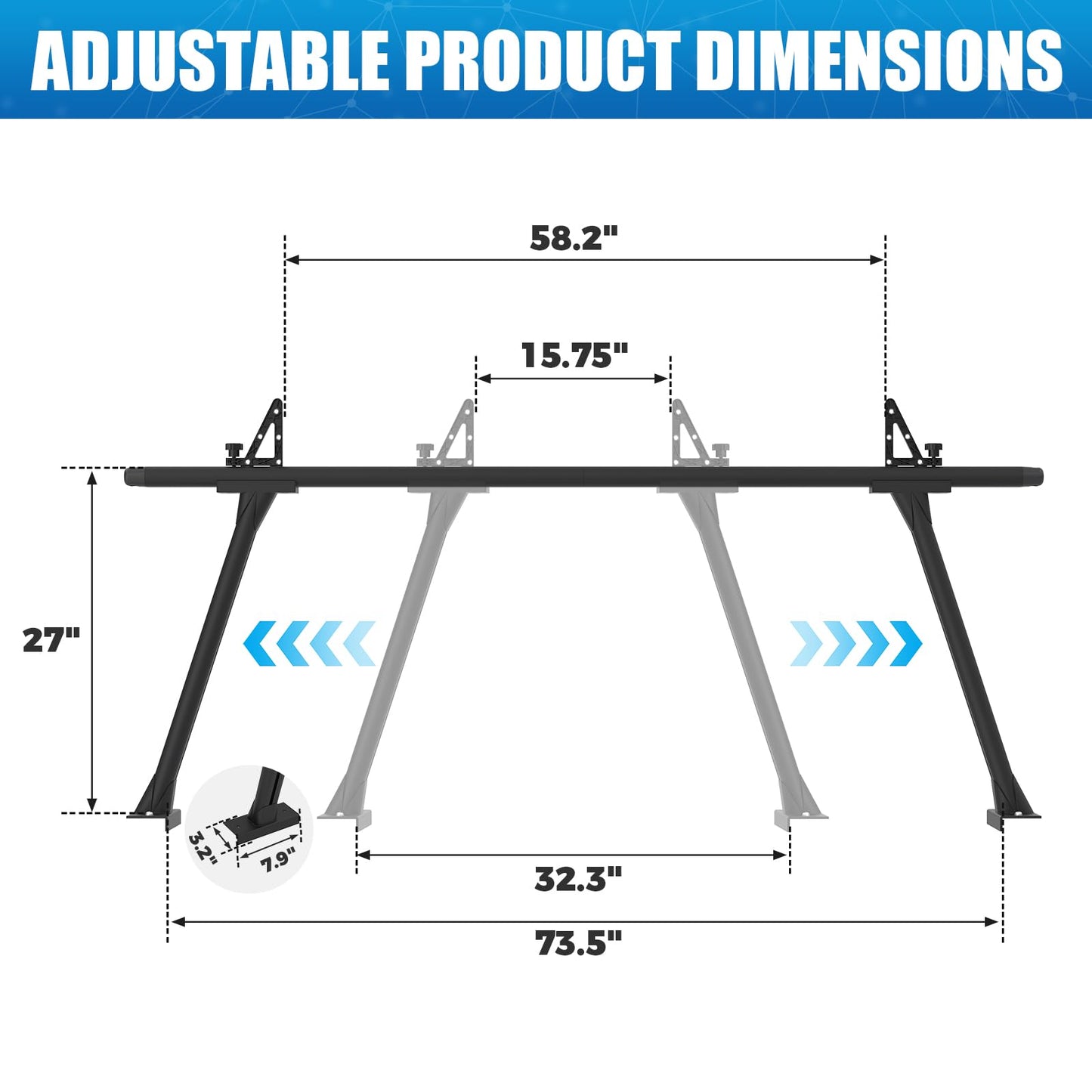 GORWARE Truck Ladder Rack, Aluminum Truck Rack 800lbs Capacity Adjustable Truck Bed Rack for Kayak, Surfboard, Tent, Ladder