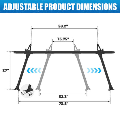 GORWARE Truck Ladder Rack, Aluminum Truck Rack 800lbs Capacity Adjustable Truck Bed Rack for Kayak, Surfboard, Tent, Ladder