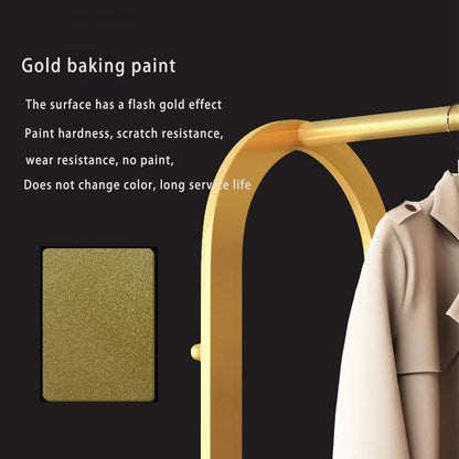 BUZUEY Gold Clothing Rack,Metal Garment Rack with Bottom Storage Shelves and 6 Side Hooks,modern Sturdy clothes racks for hanging clothes,Freestanding Wardrobe Rack for Bedroom or Boutique (L:39.4IN)