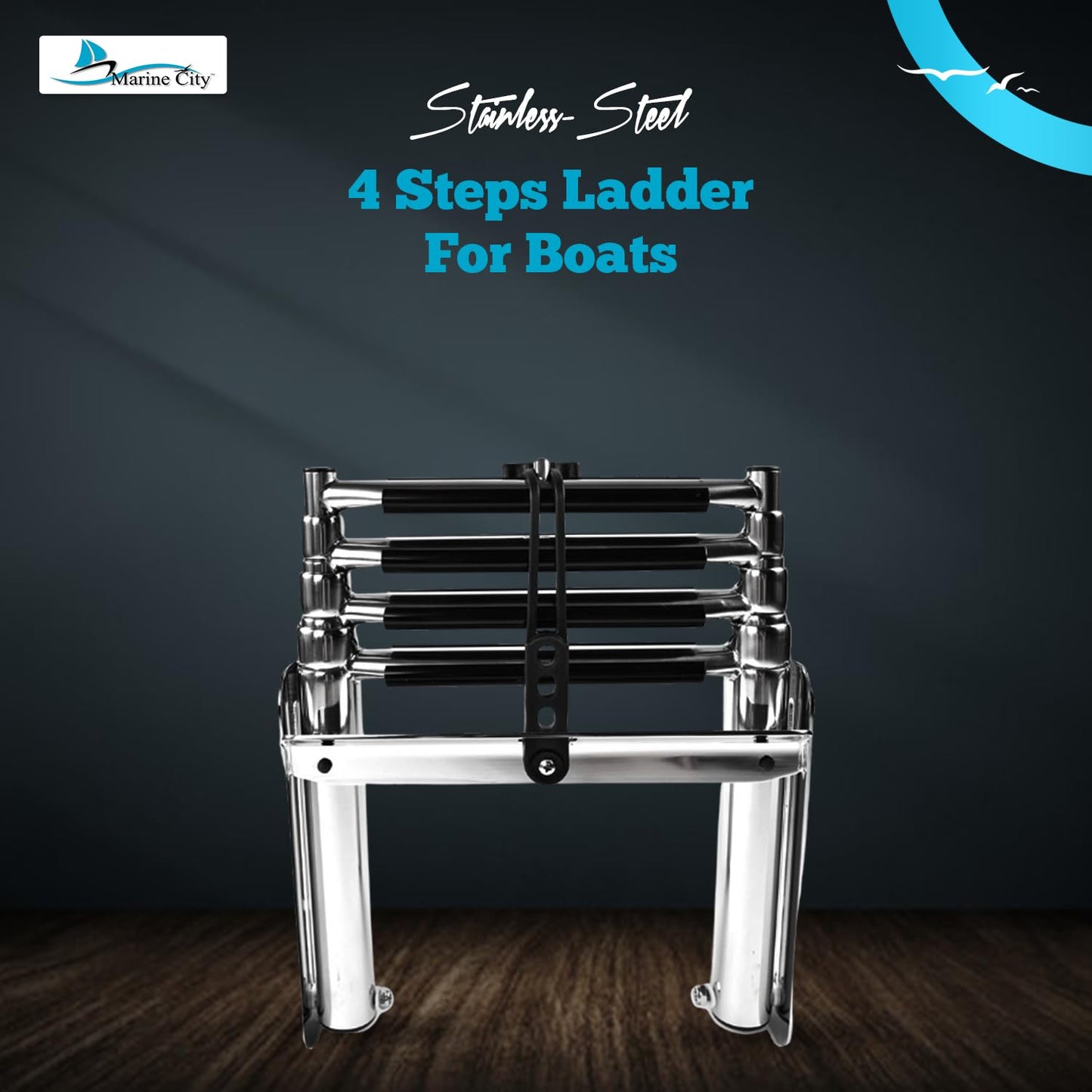 MARINE CITY 4-Step Telescoping Swim Ladder with Rubber Strap, 304 Stainless Steel, Sturdy, Strong & Smooth Fine Polished - Ideal for Boats, RVs, Ships, Yachts, Swimming Pools (Pack of 1)