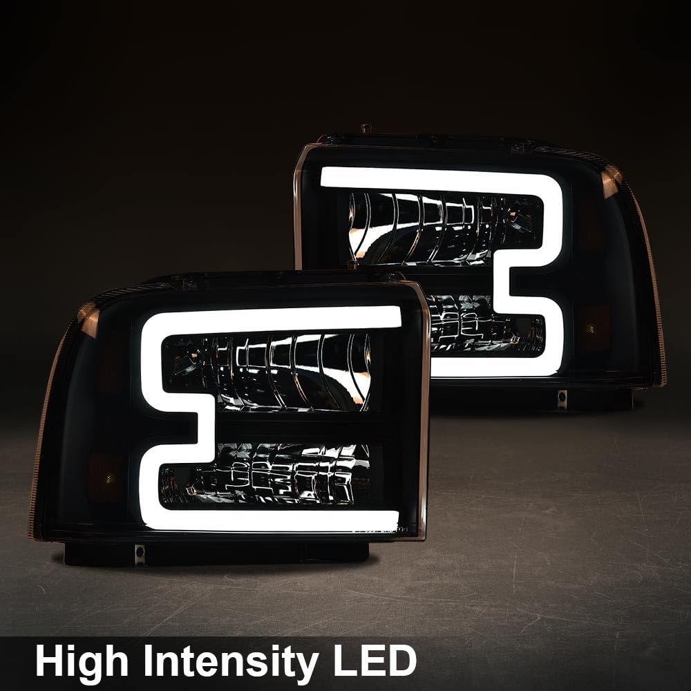 LED DRL Headlights Assembly Front Headlamp Compatible with Ford F250 F350 F450 F550 Super Duty 2005-2007/Ford Excursion 2005,(Not Fit Sealed Beam Headlight model) Clear Lens Black Housing