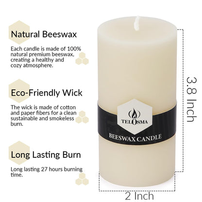 Natural Beeswax Pillar Candle 2x4 inch in Bulk, Smokeless and Long Lasting (22-27 Hours) Pure Beeswax Candle, Natural Unscented, 6 Pack - Off White
