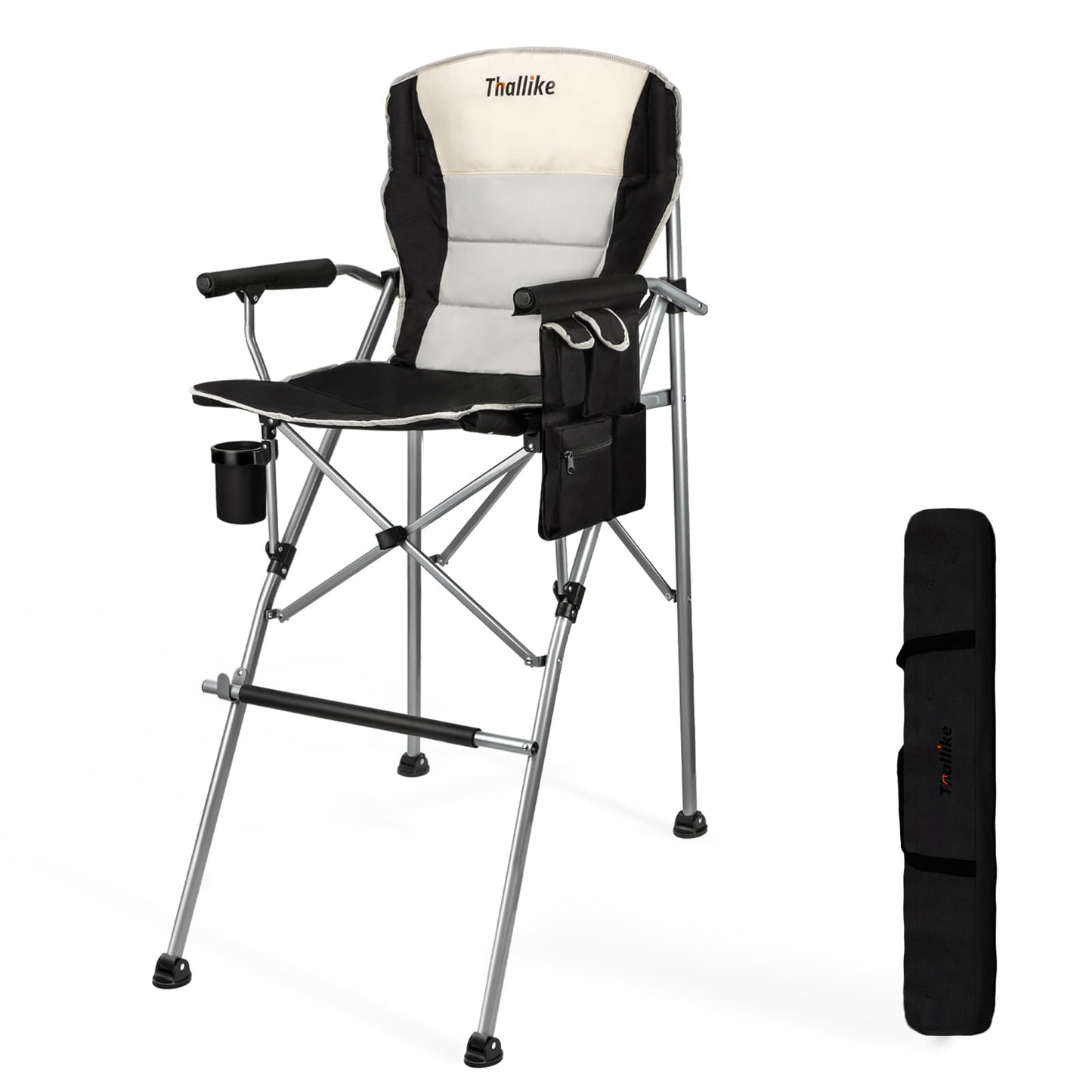 Thallike Foldable Directors Makeup Salon High Chair - Portable Camping Bar Height Folding Photoshoot Chairs with Stroage Bag Cup Holder Non-Slip Footrest, Supports 400 lbs Black Tall Director Chair