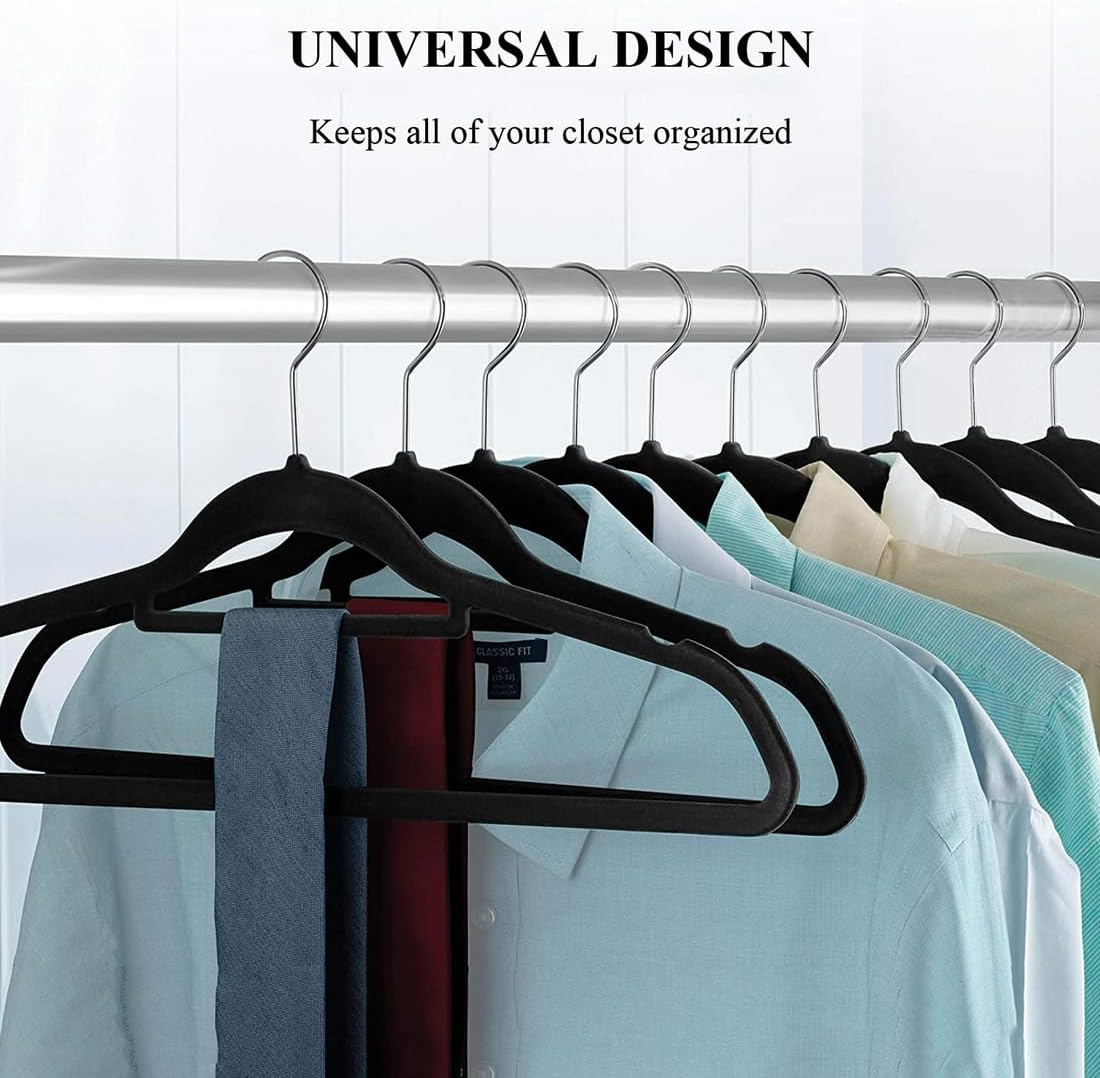 Velvet Non-Slip Hangers 10-Pack - Flocked Slim Suit Hangers with 360° Rotating Hook | Space-Saving Closet Organizer (Black)