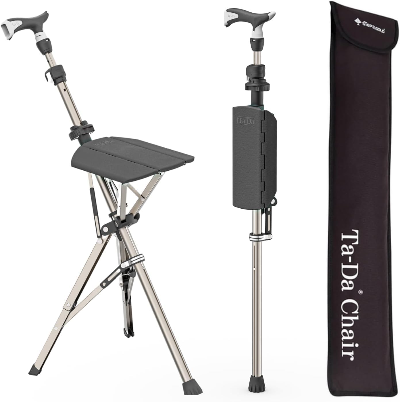 Ta-Da Chair Series 1 Pro, Portable Trekking Hiking Pole, Folding Walking Stick with Seat, Walking Cane with Chair, Foldable Chair, Lightweight Aluminum, Easy Carry and Storage, Anti-Slip, Black
