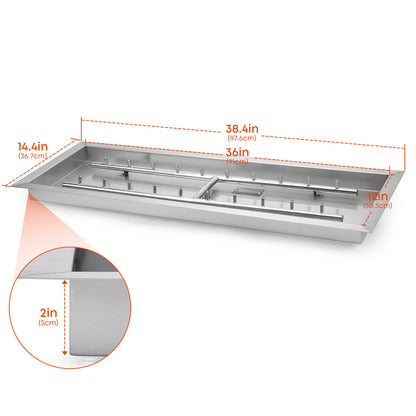 Stanbroil 36 x 12-Inch Rectangle Drop-in Fire Pit Pan with Jet Burner, 304 Stainless Steel Gas Firepit Insert for DIY Firepit Table, High Flame150,000 BTU Max