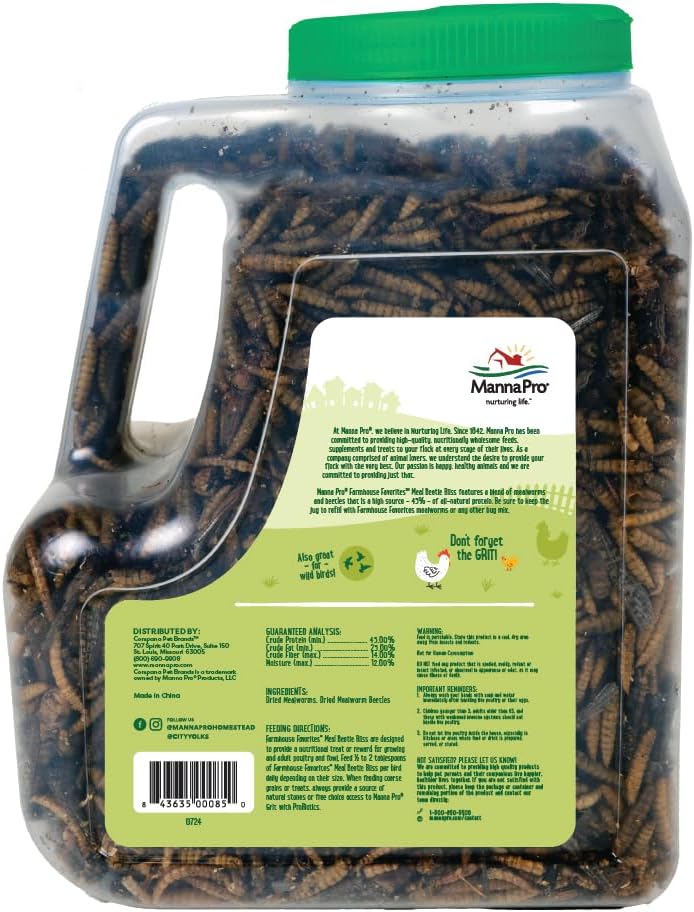 Manna Pro Beetle Bliss Poultry Treat - All-Natural Mealworm & Beetle Blend - 25oz, 45% Protein for Chickens & Ducks
