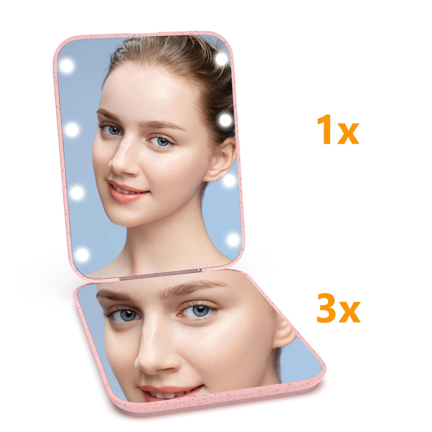 Kintion Pocket Mirror, 1X/3X Magnification LED Compact Travel Makeup Mirror with Light for Purse, 2-Sided, Portable, Folding, Handheld, Small Lighted Mirror for Gift, Pink