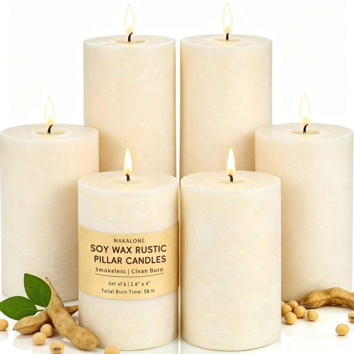 6 Pack Soy White Pillar Candles,Natural Soybean Pillar Candles,330 H Long Burning,2.8x4in Non-Toxic,Unscented,Dripless and Smokeless Rustic Hand-Poured Candles Dinner Table,for Wedding,Home