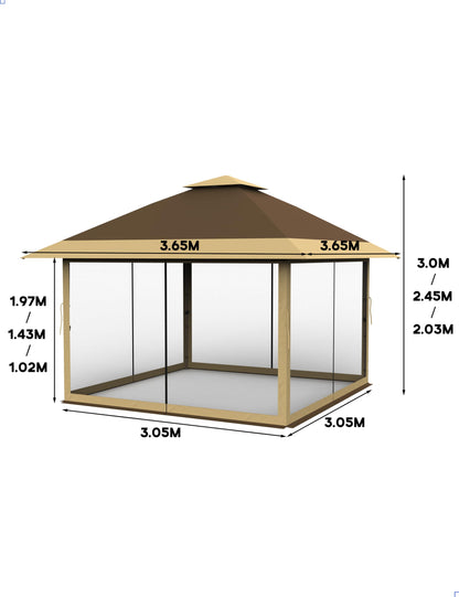 KYBOLT 12x12 Pop Up Gazebo Instant Canopy Tent with Netting 4 Stanbags Outdoor Shelter for Lawn, Garden, Backyard, Deck (Khaki + Dark Khaki)
