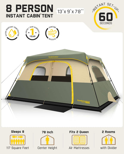 FanttikOutdoor Zeta C8 Pro Camping Tent 8 Person Instant Cabin Tent Setup in 60 Seconds with Rainfly & Windproof Portable with Carry Bag for Family Camping & Hiking, Upgraded Ventilation, Green