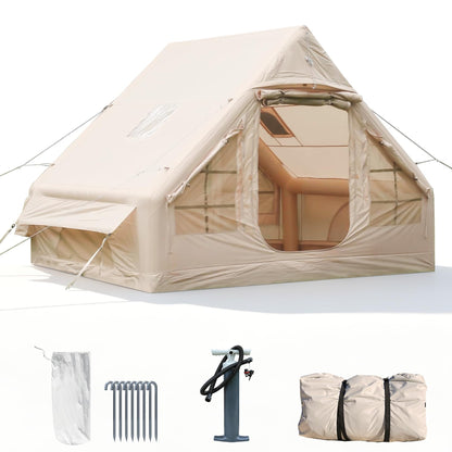 2026 New Inflatable Tent for Camping 68 sq.ft, 4 Person Blow Up Tent with Stove Jack & Hand Pump, Khaki Waterproof Oxford Air Glamping Tent, Easy Setup 4 Season Luxury Cabin Tent for Outdoor Family