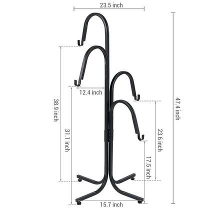 MyGift Floor Standing Planter Pot Stand, Industrial Matte Black Metal Heavy Duty Freestanding Plant Basket Hanger Rack with 4 Way Hanging Hooks