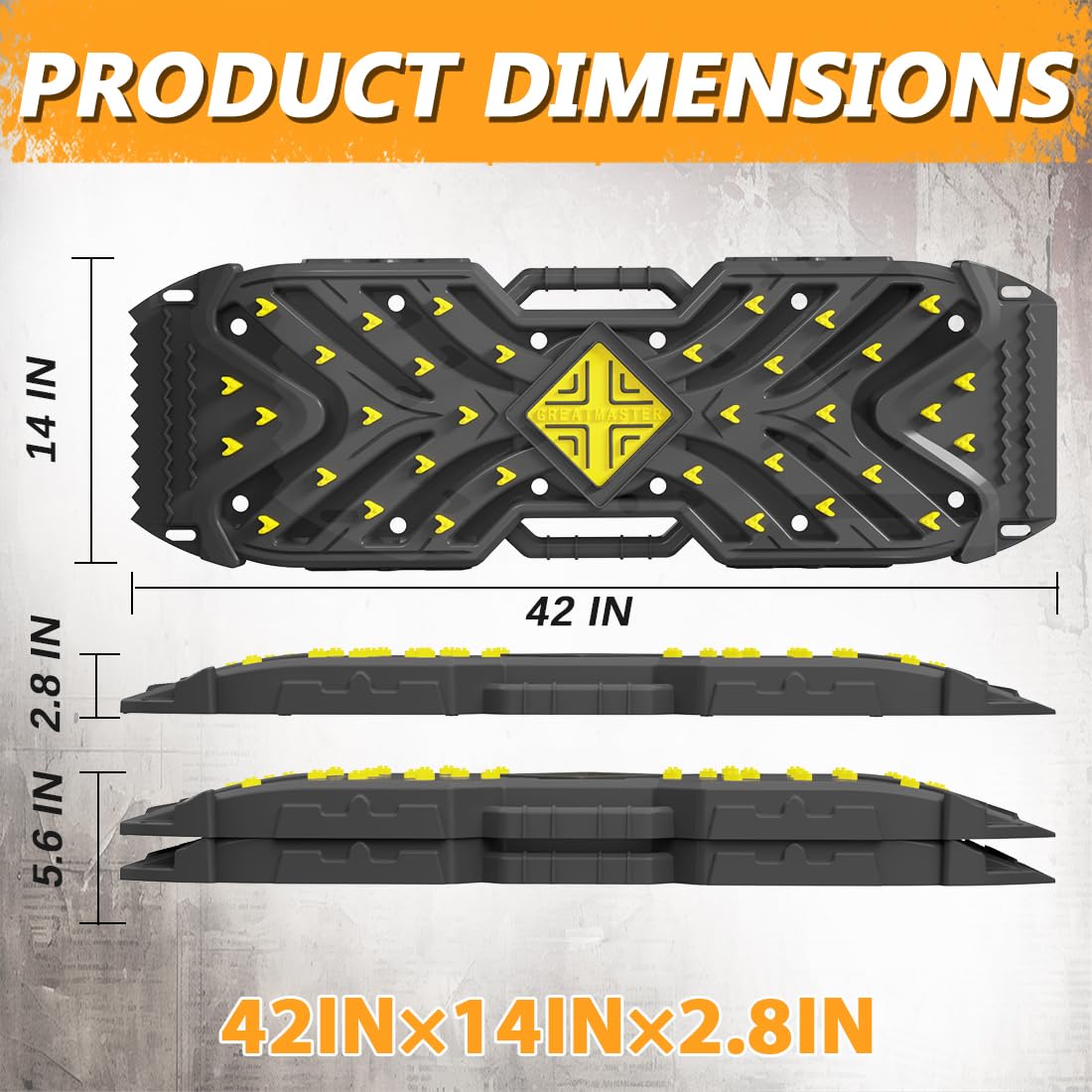 Traction Boards Recovery Boards (Pair) – 42″ × 14″ PA66 Off-Road Tracks with 34 High-Strength Contrasting-Color Spikes, Flip-Shovel & Jack-Base Design, Tow Strap – Sand, Mud, Snow 4×4 SUV ATV Truck