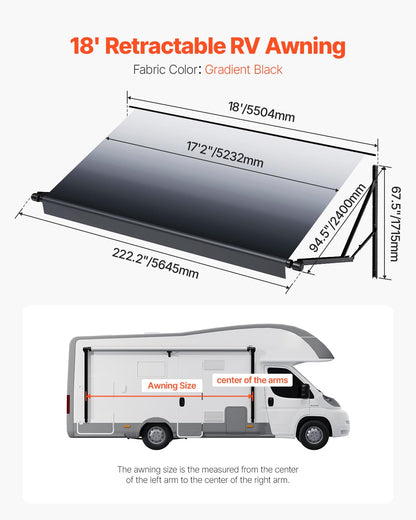 VEVOR Motorized RV Awning Complete Kit, 18' Retractable Awning with Aluminum Alloy Frame, Outdoor Trailer Awning, Fit for Most RVs(Black Fade)