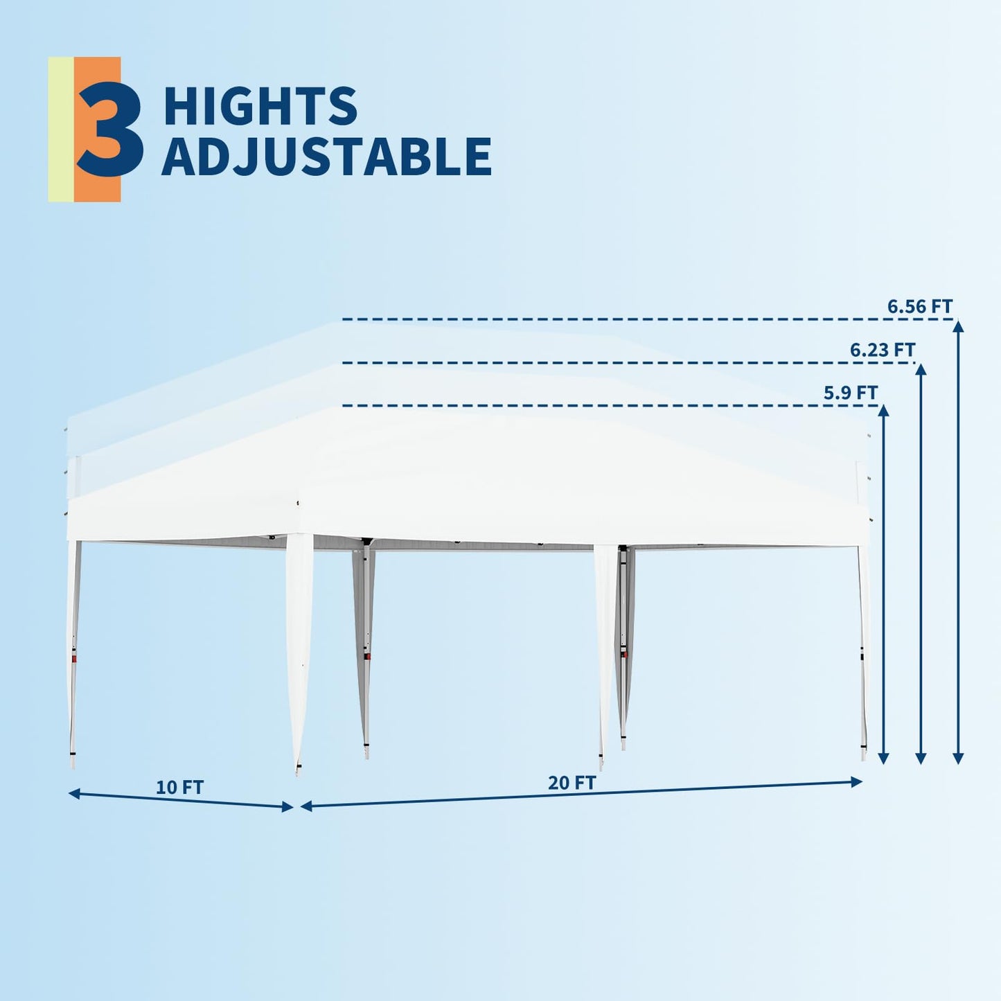 GarveeLife 10x20 Pop Up Canopy with 6 Sidewalls - Heavy Duty Outdoor Canopy Tent with Portable Roller Bag - 3 Adjustable Height, 4 Weight Bags, 8 Stakes & 6 Guy Ropes Included, Blue