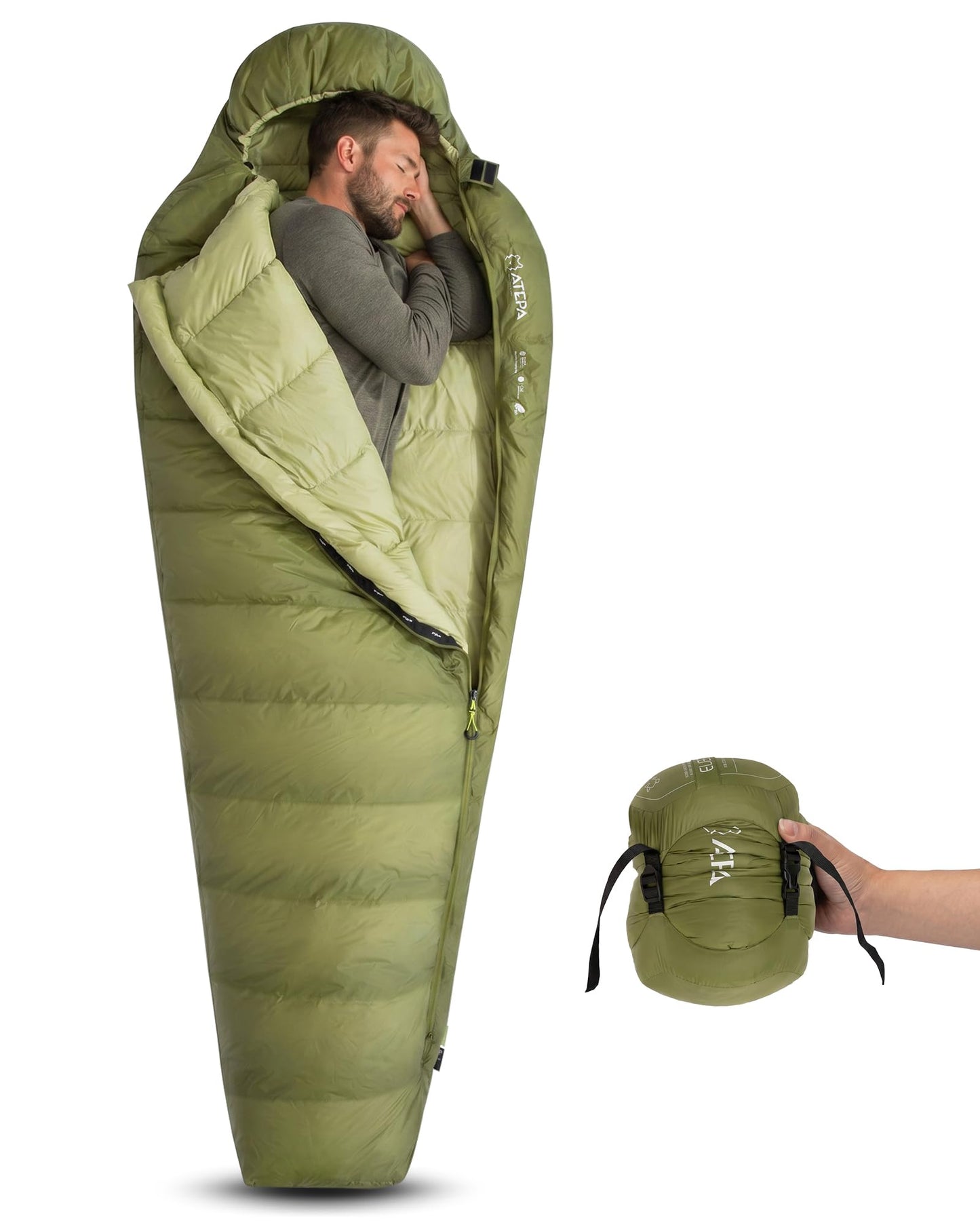ATEPA 700FP Down Sleeping Bag for Adults, Ultralight 0 Degree Mummy Sleeping Bag with RDS Down & Recycled 15D Nylon Shell for Backpacking Camping Hiking, ISO Limit 35°F, Green