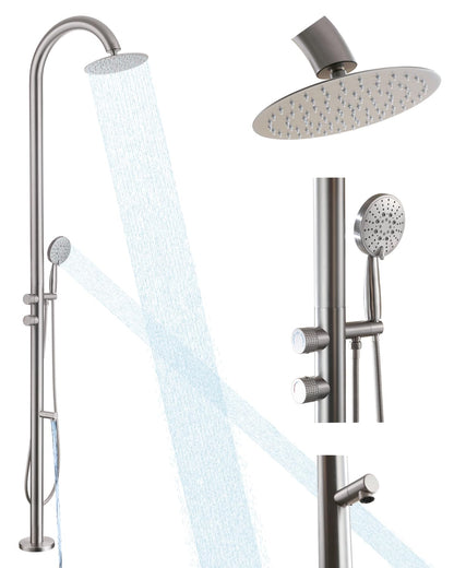 RALANDA Free Standing Outdoor Shower, 5-Function Shower Kit Nickel with 10''Rain Shower Head, Stainless Steel Outdoor Shower Fixture for Backyard Beach Poolside,Floor Mounted