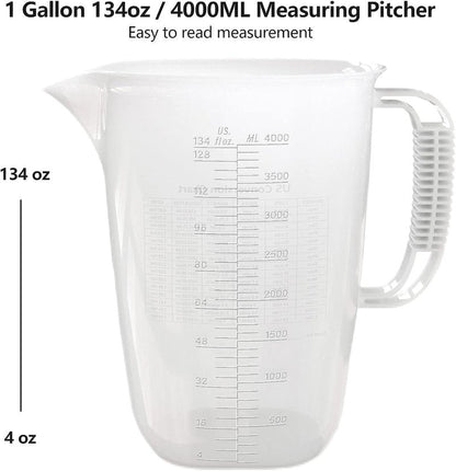 1 Gallon Measuring Pitcher-Convenient Conversion Chart,134oz Extra Large Plastic Measuring Cup-Strong Food Grade Material,Graduated Mixing Pitcher Great for Lawn,Pool Chemicals, Motor Oil and Fluids