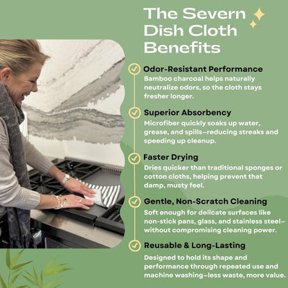Severn Dish Cloths for Washing Dishes 4pk. Odor-Resistant Dish Rags with Non-Scratch Wire Scrubber Side for Kitchen Cleaning. Grime-Fighting Bamboo-Charcoal Microfiber 2-Sided Dishrags. Machine Wash