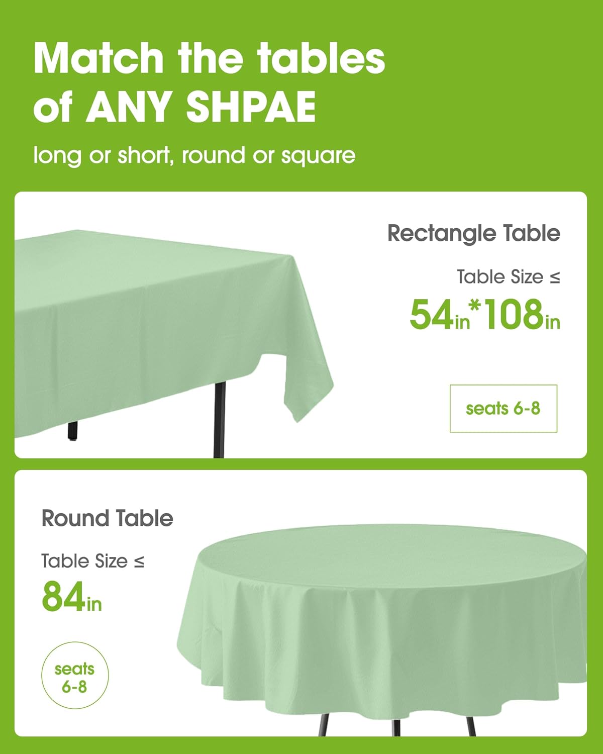 Pureegg Disposable Round Table Cloths - 84'' Sage Green, Leakproof & Sturdy, 8 Pack for Easter Parties