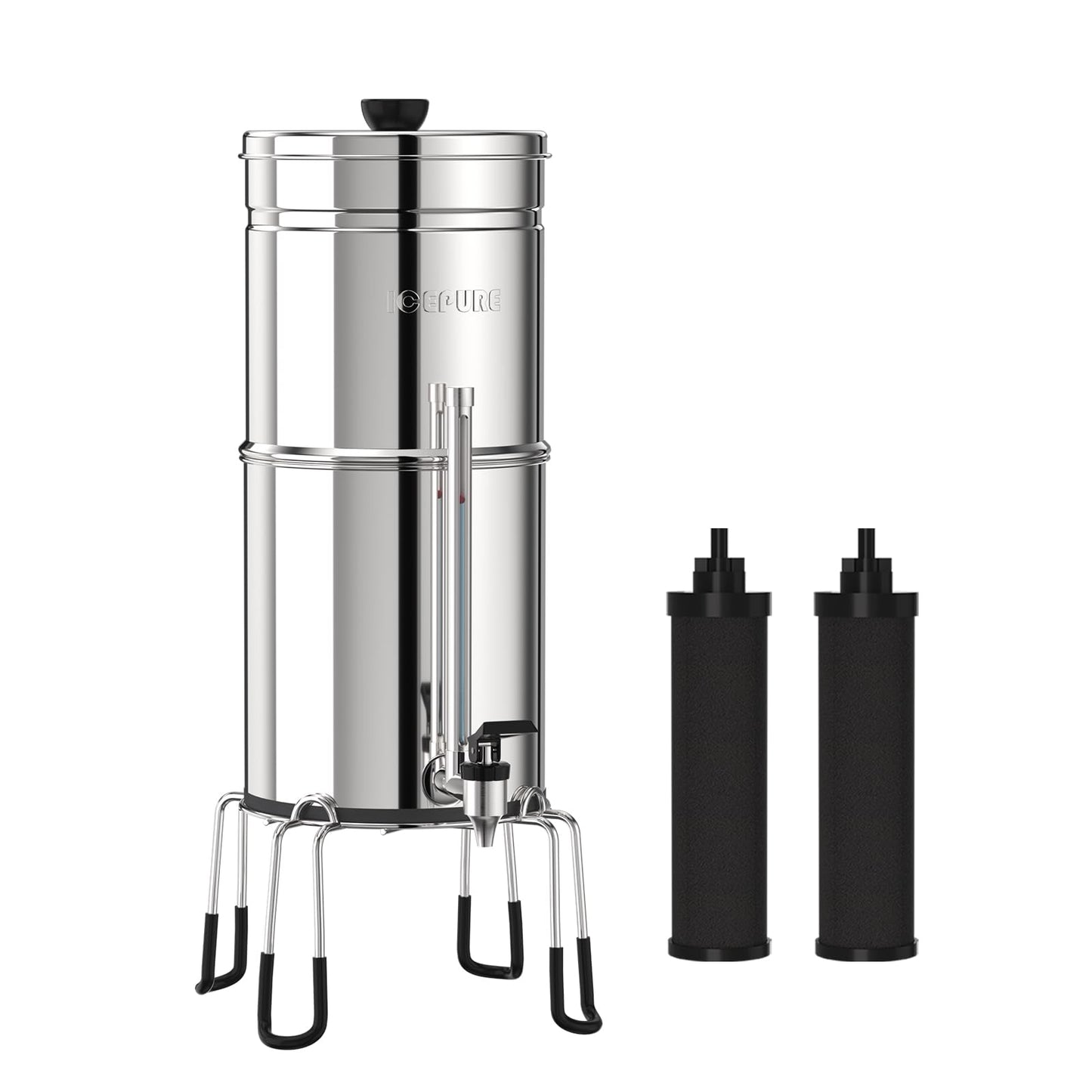 ICEPURE 2.25G Gravity-fed Water Filter System with Sight Glass Spigot, 304 Stainless Steel Countertop System, 2 Black Carbon Filters and Stand, Reduce 99% Chlorine, Lead for Home, Camping, Emergencies