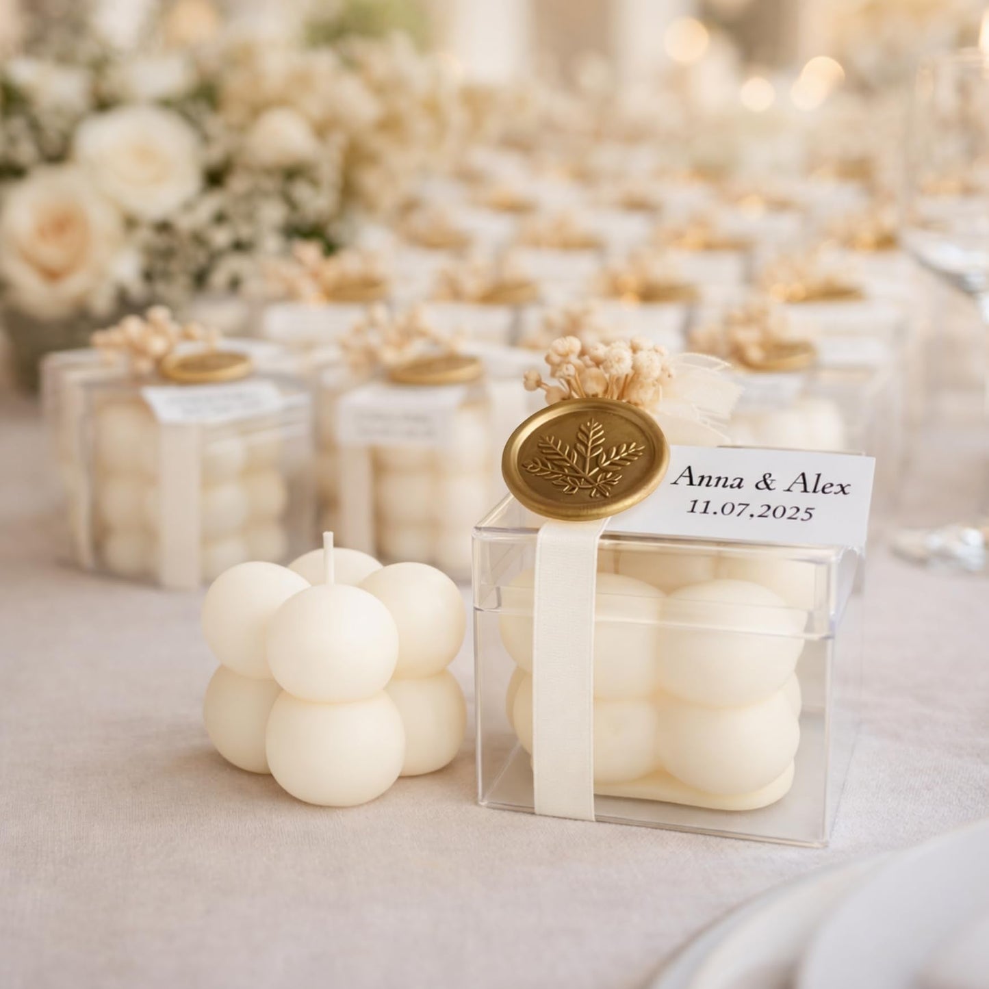 Personalized Bubble Candle Favors with Dried Flowers & Wax Seal – Soy Wax Wedding & Bridal, Baby Shower Bulk Event Gifts (10–200 pcs)