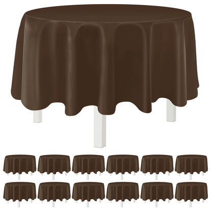 Kongdaoth Brown 12 Pack Plastic Tablecloths 84" Disposable Round Table Cloth Plastic Table Cover for Party Disposable Tablecloths