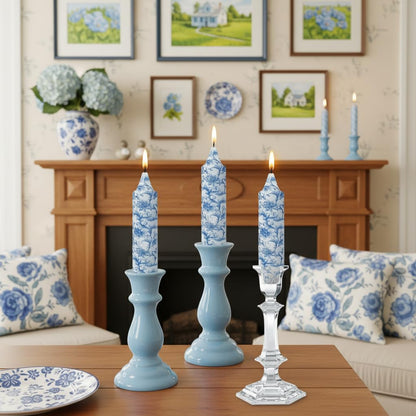 5 Inch Blue Flowers Chunky Taper Candles Short Handmade Blue and White Candle Sticks Smokeless Unscented Tapered Candles for Blue Wedding Present Spa Meditation Housewarming Home Decoration