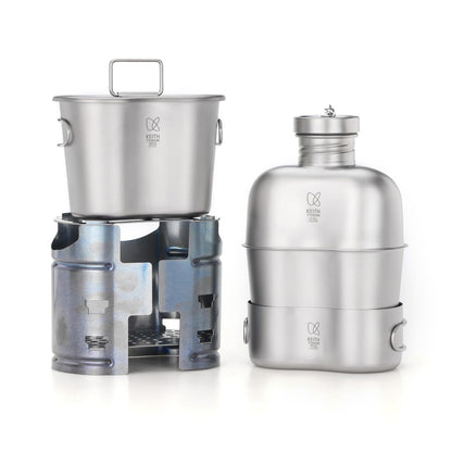 KEITH Titanium Ti3061 Canteen Mess Kit with Stove 1100 ml Titanium Kettle Wood Stove 700 ml Camping Pot with Folding Handle 350 ml Tactical Mug Storage Bag Suitable for Hiking and Mountaineering