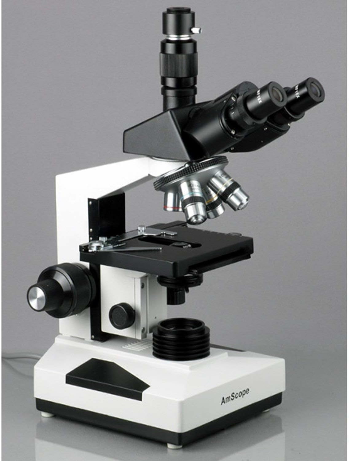 AmScope T490A-PCT Compound Trinocular Microscope with Phase-Contrast Turret, WF10x and WF16x Eyepieces, 40X-1600X Magnification, Brightfield/Darkfield, Halogen Illumination, Abbe Condenser, Double-Layer Mechanical Stage, Sliding Head, High-Resolution Opti