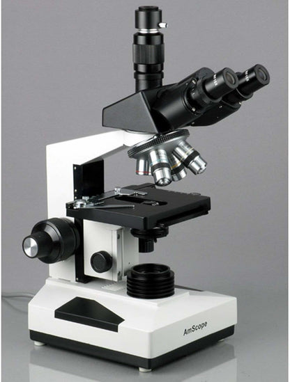 AmScope T490A-PCT Compound Trinocular Microscope with Phase-Contrast Turret, WF10x and WF16x Eyepieces, 40X-1600X Magnification, Brightfield/Darkfield, Halogen Illumination, Abbe Condenser, Double-Layer Mechanical Stage, Sliding Head, High-Resolution Opti