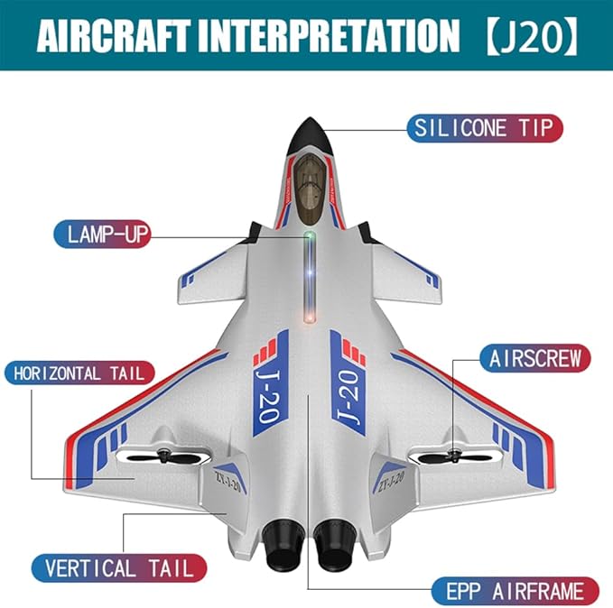 Remote Control Plane RTF J-20 Fire Fang 2.4Ghz 6-axis Gyro RC Airplane with Light Strip Jet Fighter Toy Gift for Kids Beginner (Stealth White)