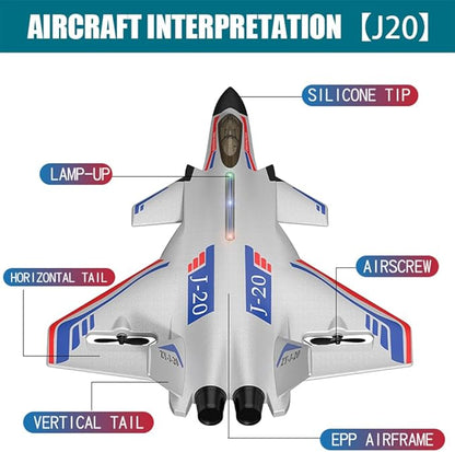 Remote Control Plane RTF J-20 Fire Fang 2.4Ghz 6-axis Gyro RC Airplane with Light Strip Jet Fighter Toy Gift for Kids Beginner (Stealth White)