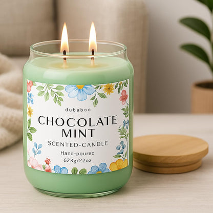 Large 22oz Soy Candle – Long Lasting 80+ Hour Burn, Hand Poured Clean Burning Scented Candle with Cotton Wick, Reusable Glass Jar – Chocolate Mint | DUBABOO