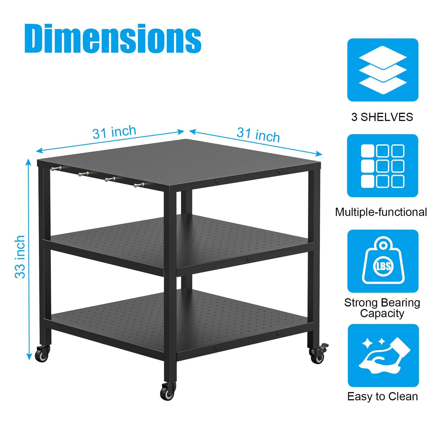 31x31x33 Inch Grill Cart for Outdoor Pizza Oven Table for Ooni, Blackstone, Ninja Grill Stand, Three-Shelf Movable Food Prep and Work Cart Station, Stainless Steel Trolley Table with Waterproof Cover