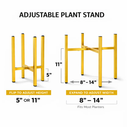 RAINBLELAND Gold Metal Plant Stand for Indoor Plants, Adjustable Heavy Duty Plant Stand Fits 8-14 Inch Pots, Modern Brass Flower Pot Holder with Anti-Scratch Feet, Mid Century Indoor Plant Stand