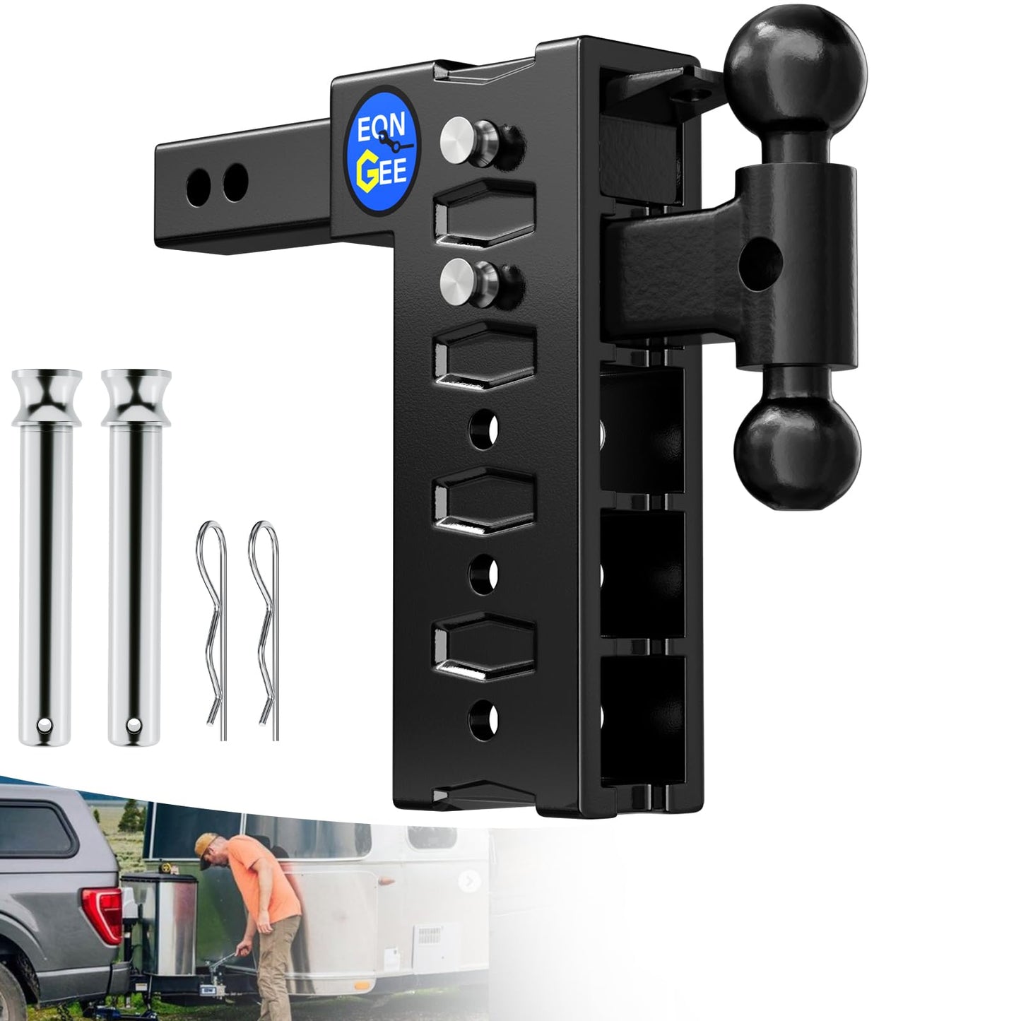 Trailer Hitch Fit 2-Inch Receiver, Drop Hitch 10" Drop & Rise, Adjustable Tow Hitch for Trucks 8000 LBS Towing Capacity with 2"& 2-5/16" Dual Ball Mount, Includes Pintle Lock & Hitch Pins & Clips