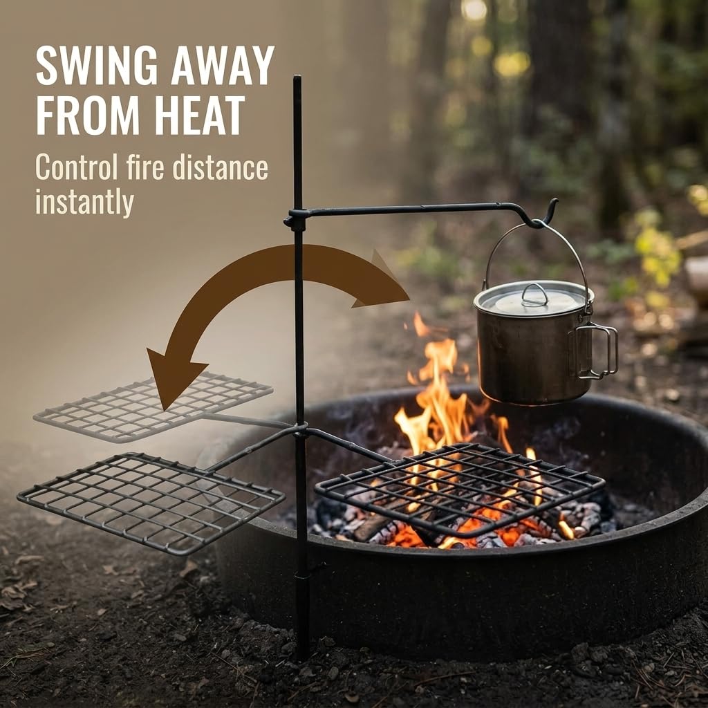 BATTLBOX Bushcraft Grill Set, Steel Campfire Cooking Grate Swivel Grill For Outdoor BBQ Open Fire, Packable Campfire Cook Set, Heavy Duty Open Fire Swivel Camping Cooktop, Canvas Bag