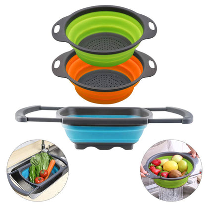 Qimh Collapsible Colander Set of 3 Round Silicone Kitchen Strainer Set - 2 pcs 4 Quart and 1 pcs 2 Quart- Perfect for Draining Pasta, Vegetable and fruit (green,blue, purple)