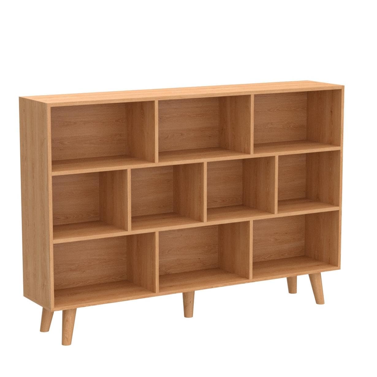 IOTXY Wooden Open Shelf Bookcase - 3-Tier Floor Standing Display Cabinet Rack with Legs, 10 Cubes Bookshelf, Pear Yellow