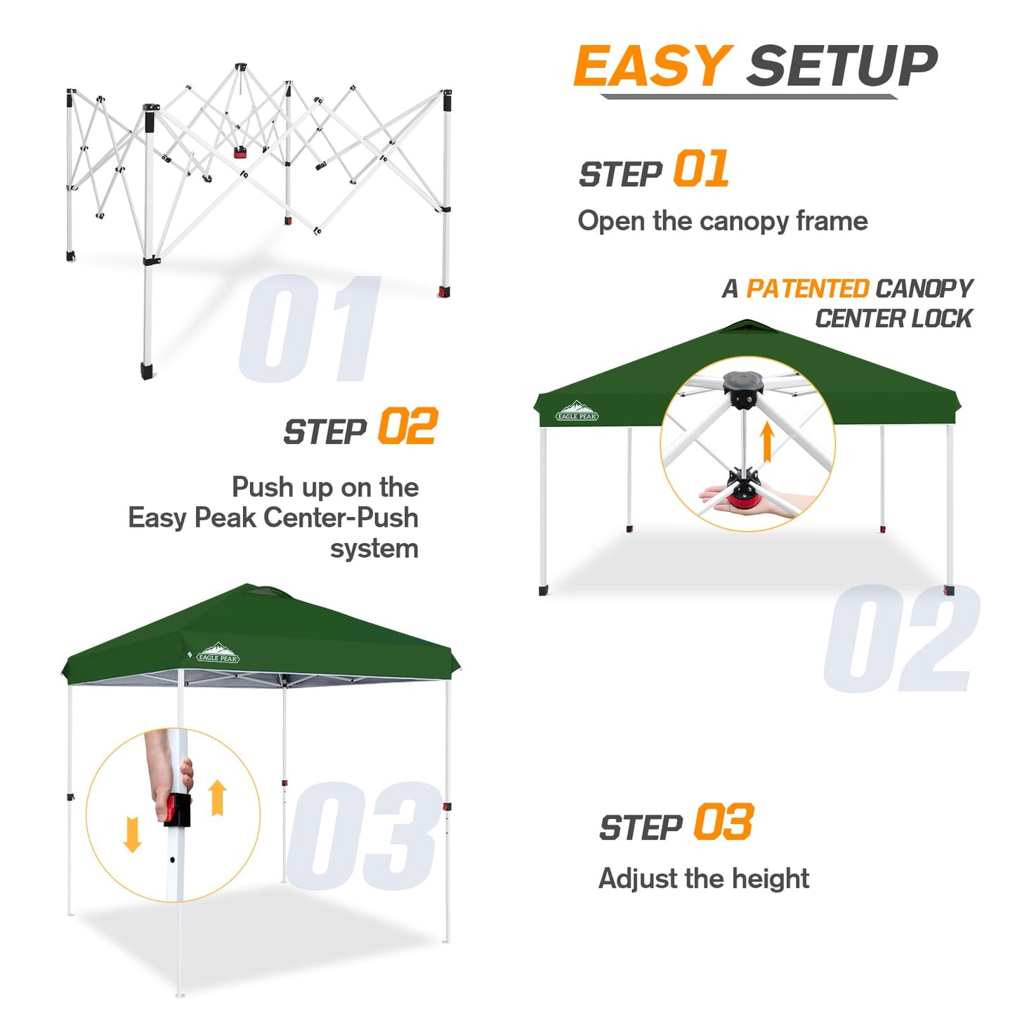 EAGLE PEAK Pop Up Canopy Tent with Wheeled Carry Bag, 8 Stakes, 4 Ropes, Easy Set Up Tent Canopy, 6.6x6.6 ft, Green