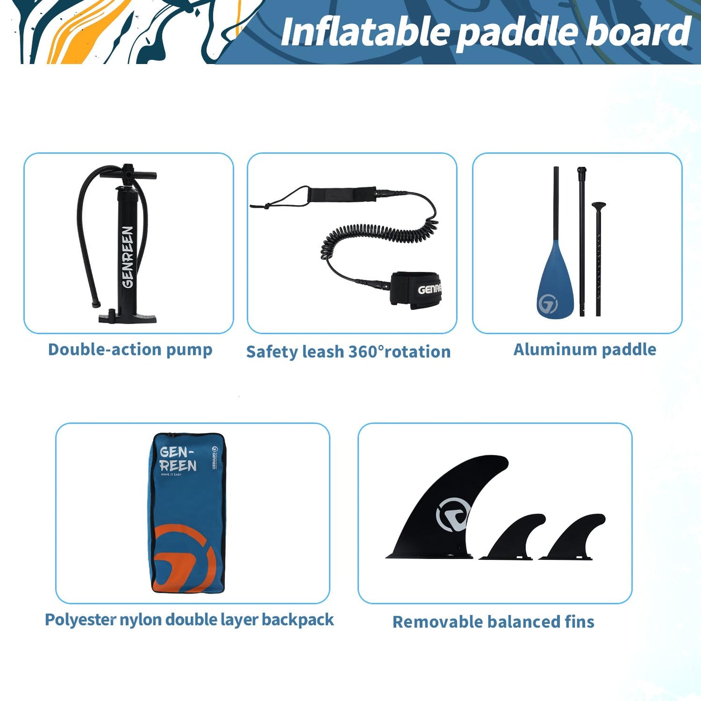 GENREEN Stand Up Paddle Board SUP Inflatable Paddleboard Newly Improved Quality Inspection5 Ultra Stable 5 Grips 450LBS 3 Fins EVA 0.5cm Wide 11'34"6" for JP Customers (Ocean Blue)