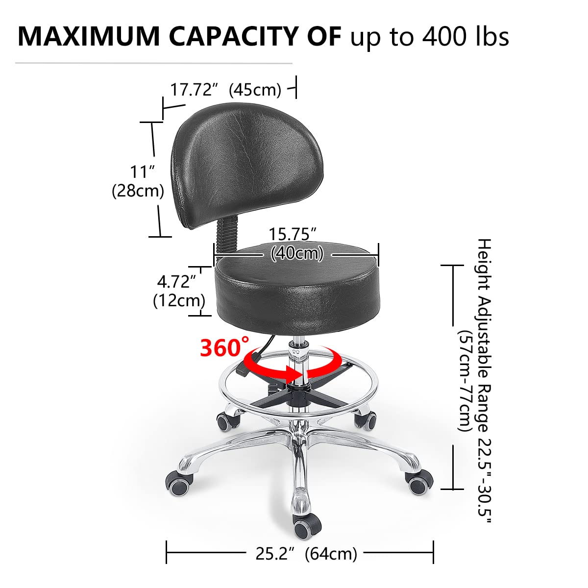 Grace&Grace Height Adjustable Swivel Rolling Stool with Back Extra Thick Seat for Ultimate Comfort for Salon, Studio, Shop, Kitchen (Black,with Foot Rest)