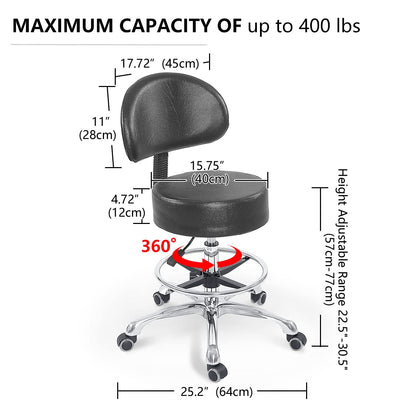 Grace&Grace Height Adjustable Swivel Rolling Stool with Back Extra Thick Seat for Ultimate Comfort for Salon, Studio, Shop, Kitchen (Black,with Foot Rest)