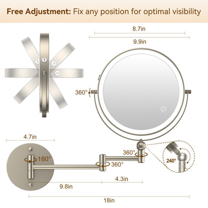 9" Wall Mounted Lighted Makeup Mirror,4000mAh Rechargeable Double Sided 1X/10X Magnifying Mirror with Light,Touch Dimmable,Extended Arm 360 Rotation Wall Mounted Makeup Mirror 3 Color Lights-Black