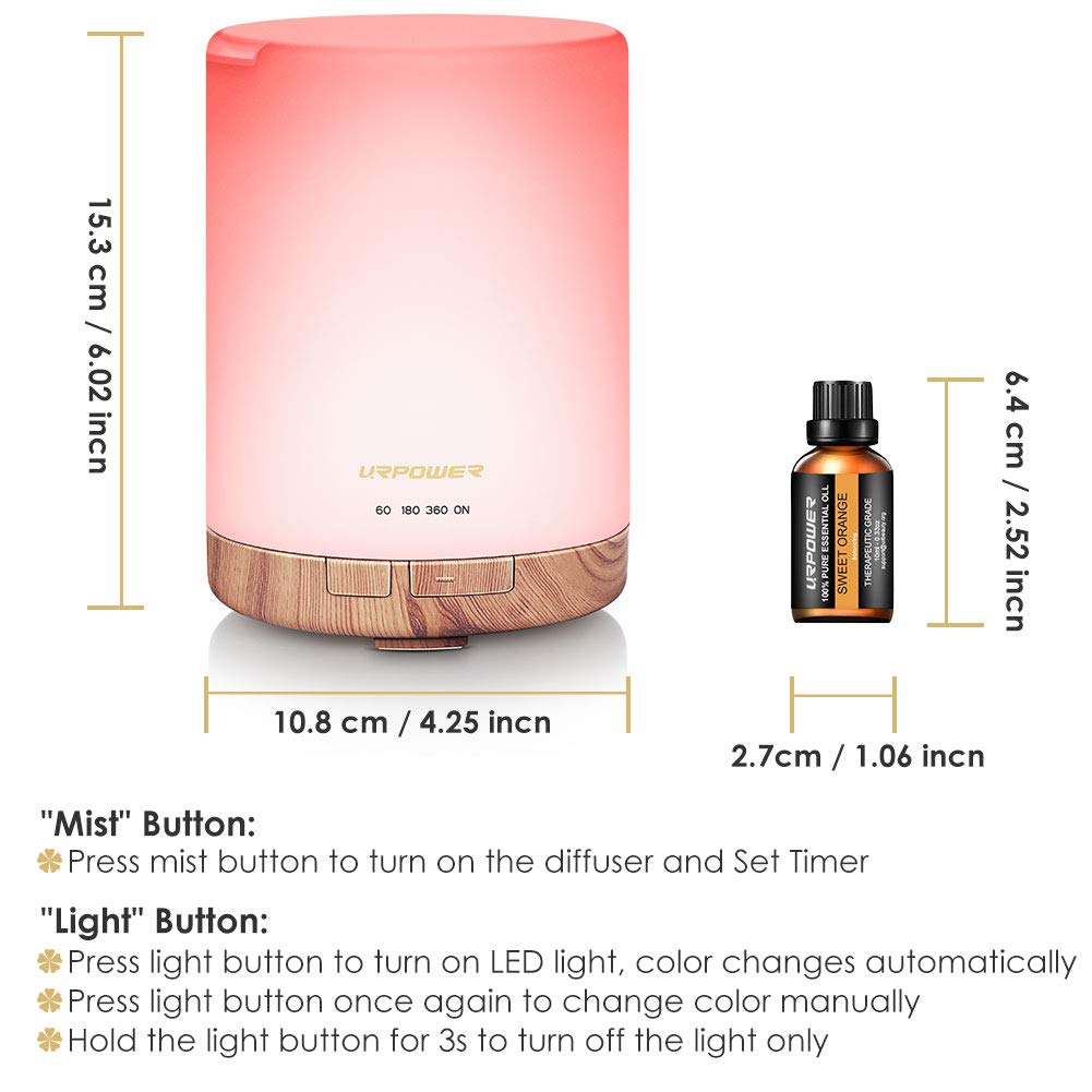 URPOWER 300ml Aromatherapy Essential Oil Diffuser Ultrasonic Air Humidifier AUTO Shut Off Scent Diffuser Night Light 7 Color Changing LED Lights and 4 Timer Settings for Bedroom Office Home