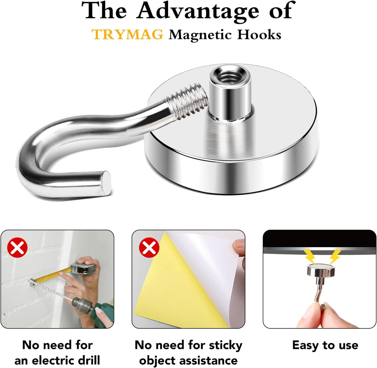 TRYMAG Magnetic Hooks - Heavy Duty 30Lbs Neodymium Magnet Hooks for Refrigerators & Workplaces | 25pcs