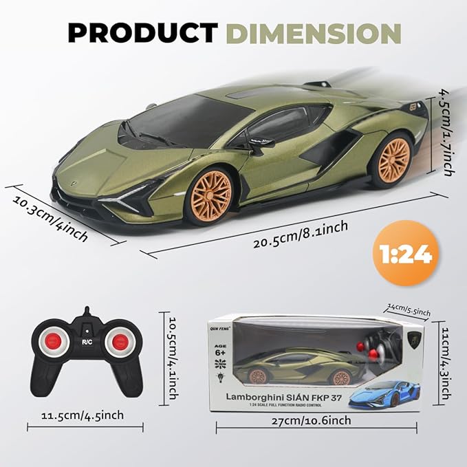 QUN XING Remote Control Car 1:24 Officially Licensed 2.4GHZ Rc Cars Lambo Sport Racing Toy Car for Kids Boys 4-7 Years Birthday Gift Green